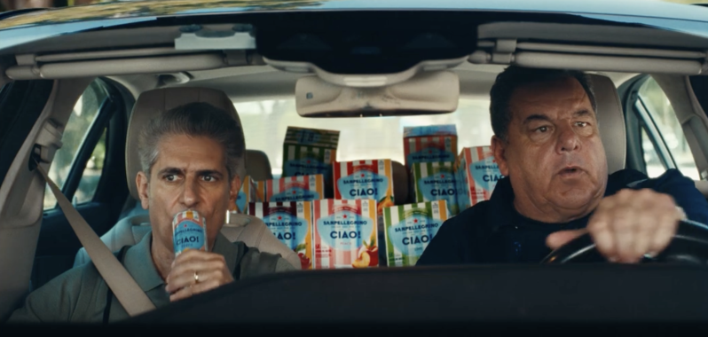 Two men in a car with soda cans